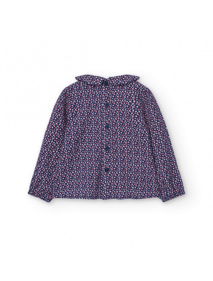 Vista trasera de la blusa estampada Boboli de Cachaboo en color azul marino, con botones alineados y cuello fruncido.