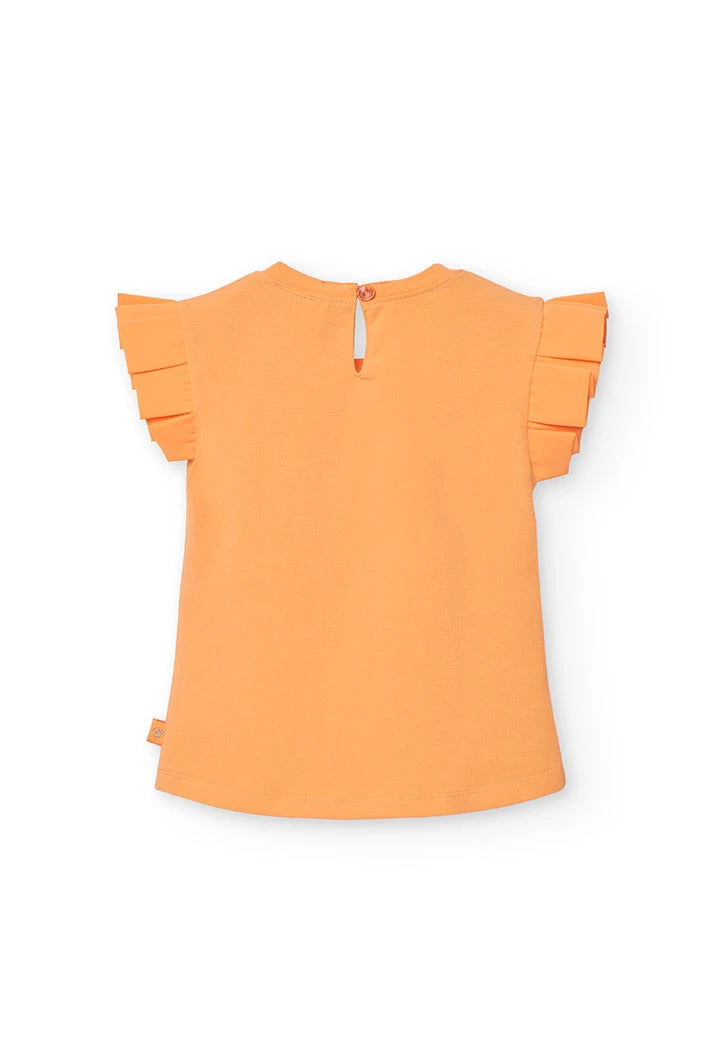 Vista trasera de blusa naranja Boboli con mangas plisadas y botón en el cuello.
