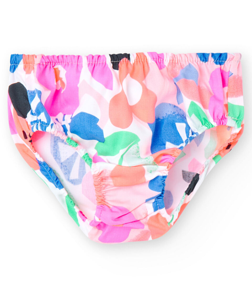 Calzón para bebé de la marca Boboli con estampado floral en colores vivos como rosa, azul, verde y naranja sobre fondo blanco. Diseño con cintura y aberturas elásticas para un ajuste cómodo.