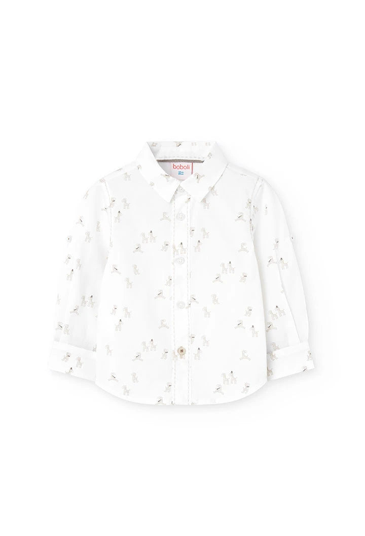 Camisa blanca para niño con estampado de cebras y detalles en tonos beige de la marca Boboli.