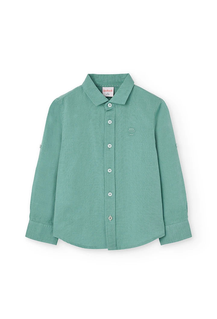 Camisa de lino verde para niño de la marca Boboli, de manga larga, botones al frente y diseño fresco y elegante. Ideal para looks casuales y eventos formales.