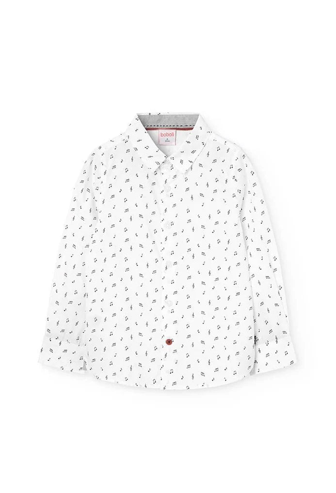 Camisa blanca Boboli de Cachaboo, con estampado de notas musicales, manga larga y diseño elegante para niños.