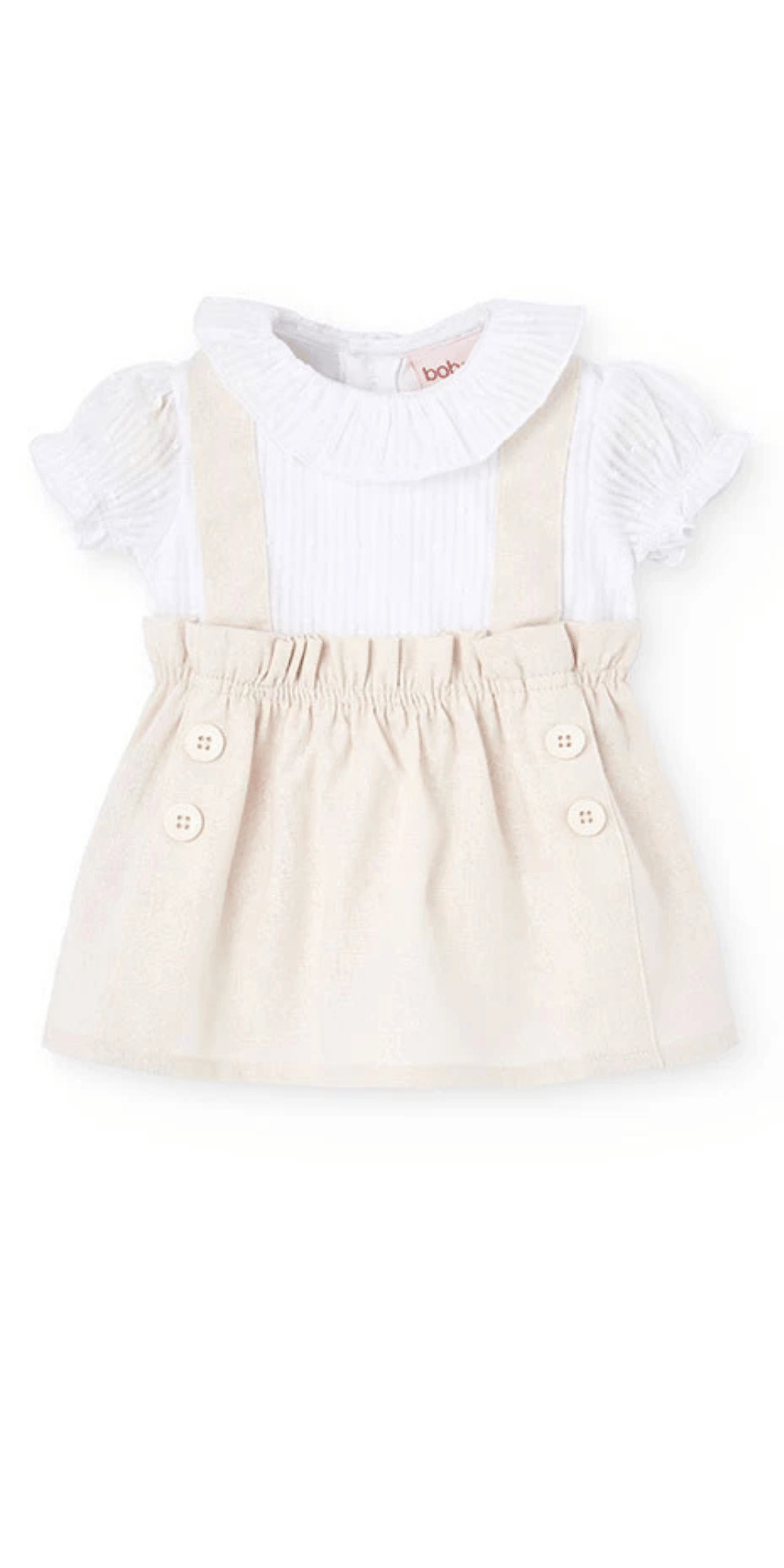 Conjunto de bebé con vestido de lino en tono beige y blusa blanca con cuello fruncido y mangas cortas.