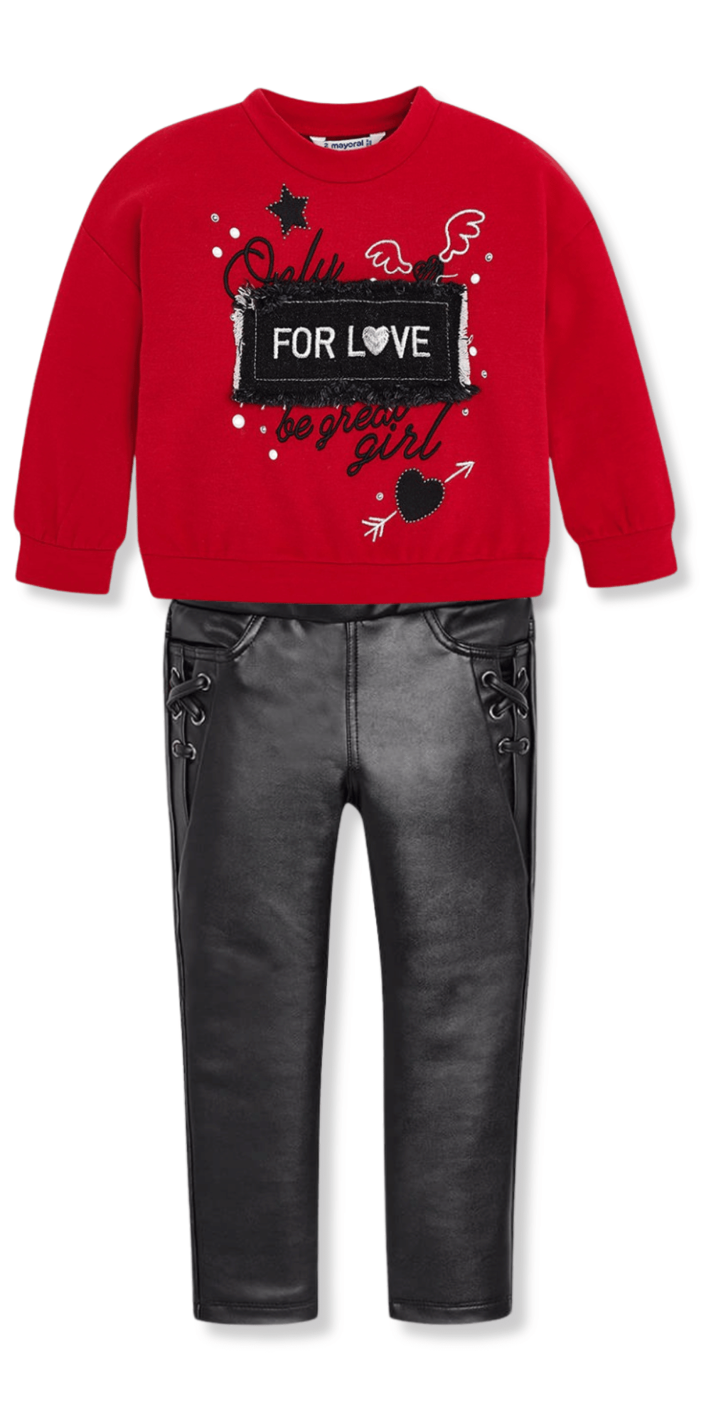Conjunto Mayoral niña con suéter rojo y leggings efecto piel negro con detalles cruzados.