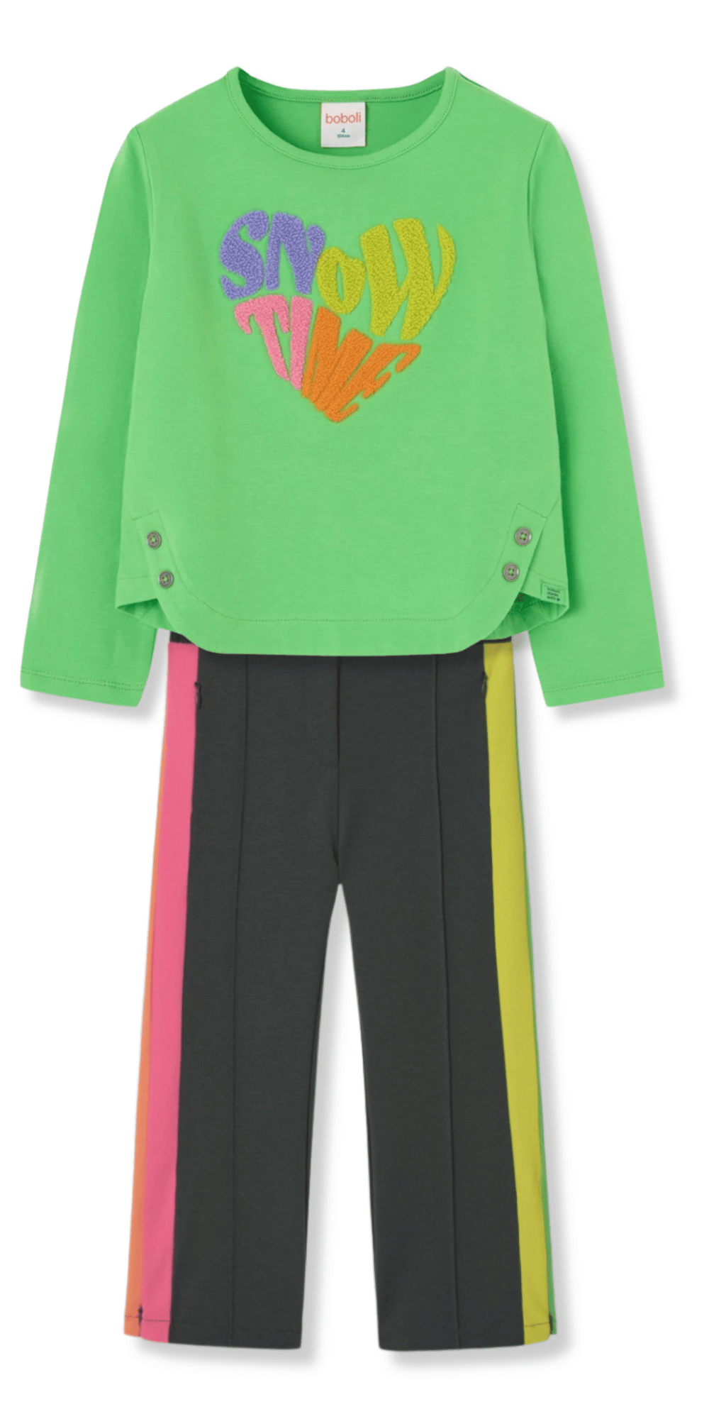 Conjunto infantil Boboli para niñas, compuesto por una sudadera verde con diseño “Snow Time” y pantalón negro con franjas de colores en los costados. Ideal para un look cómodo y moderno.
