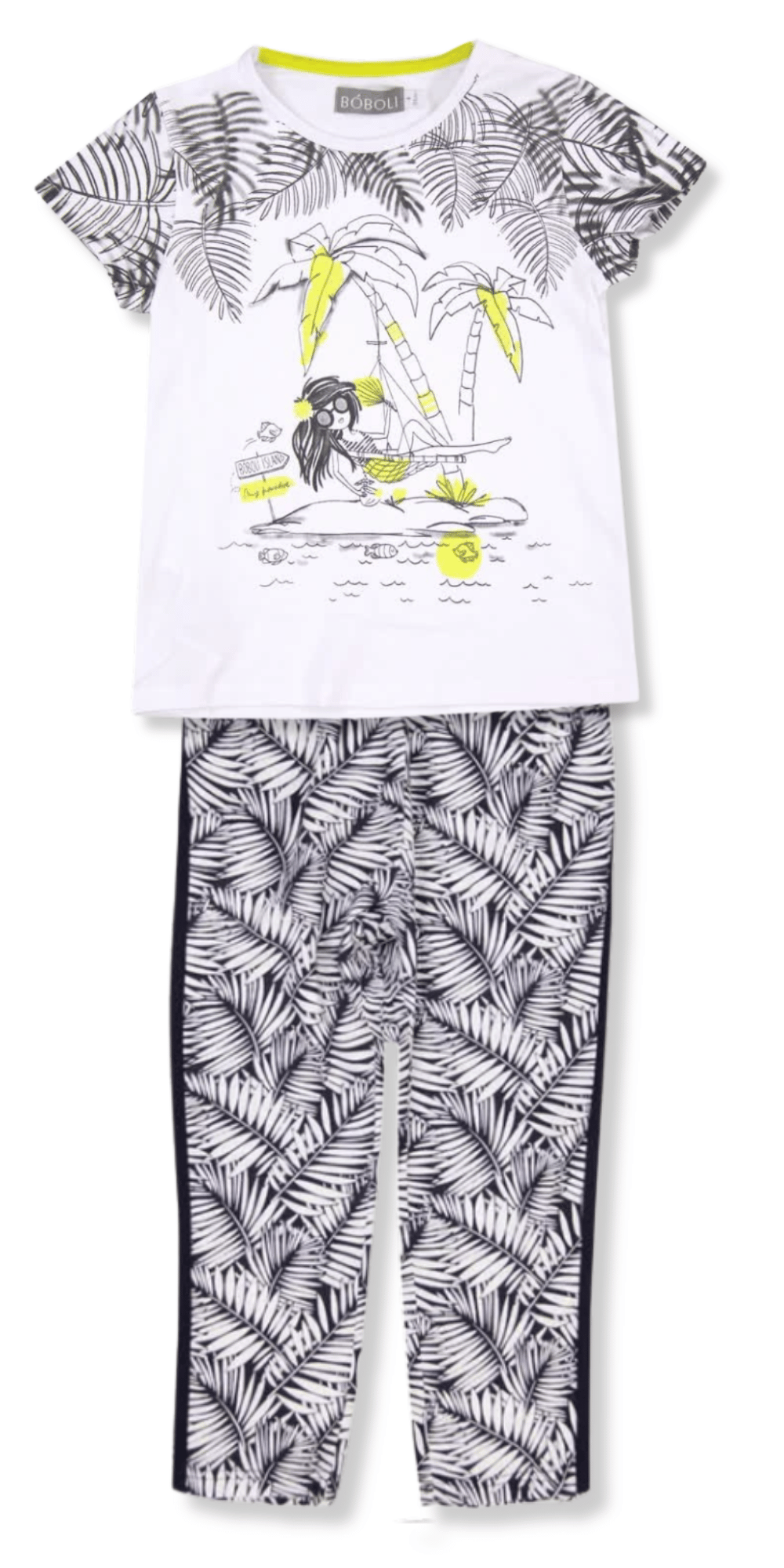 Conjunto Boboli con playera estampada de isla y pantalón con hojas en blanco y negro.