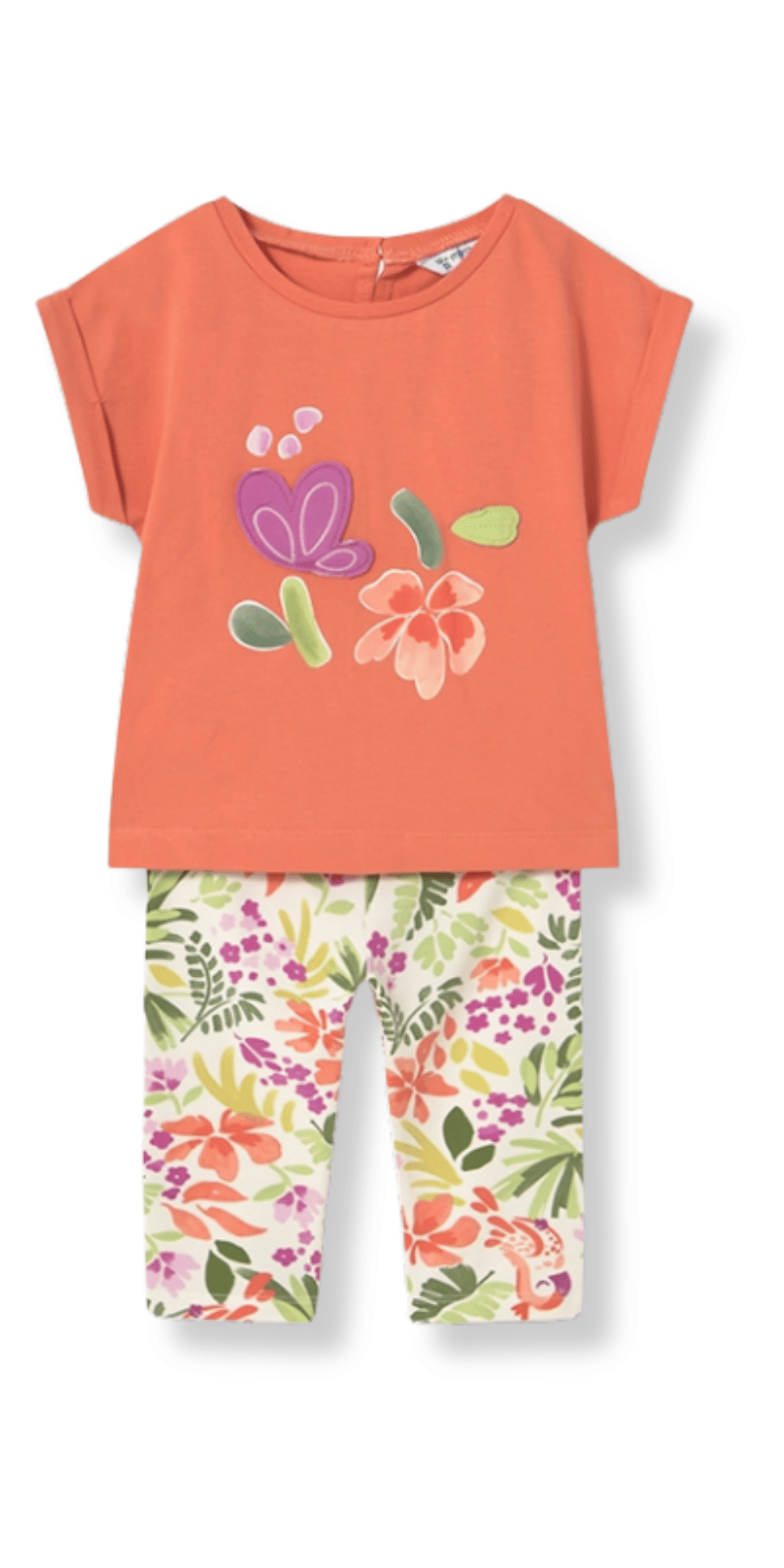 Conjunto para niña con blusa naranja y leggings estampados de flores y mariposas, ideal para primavera.