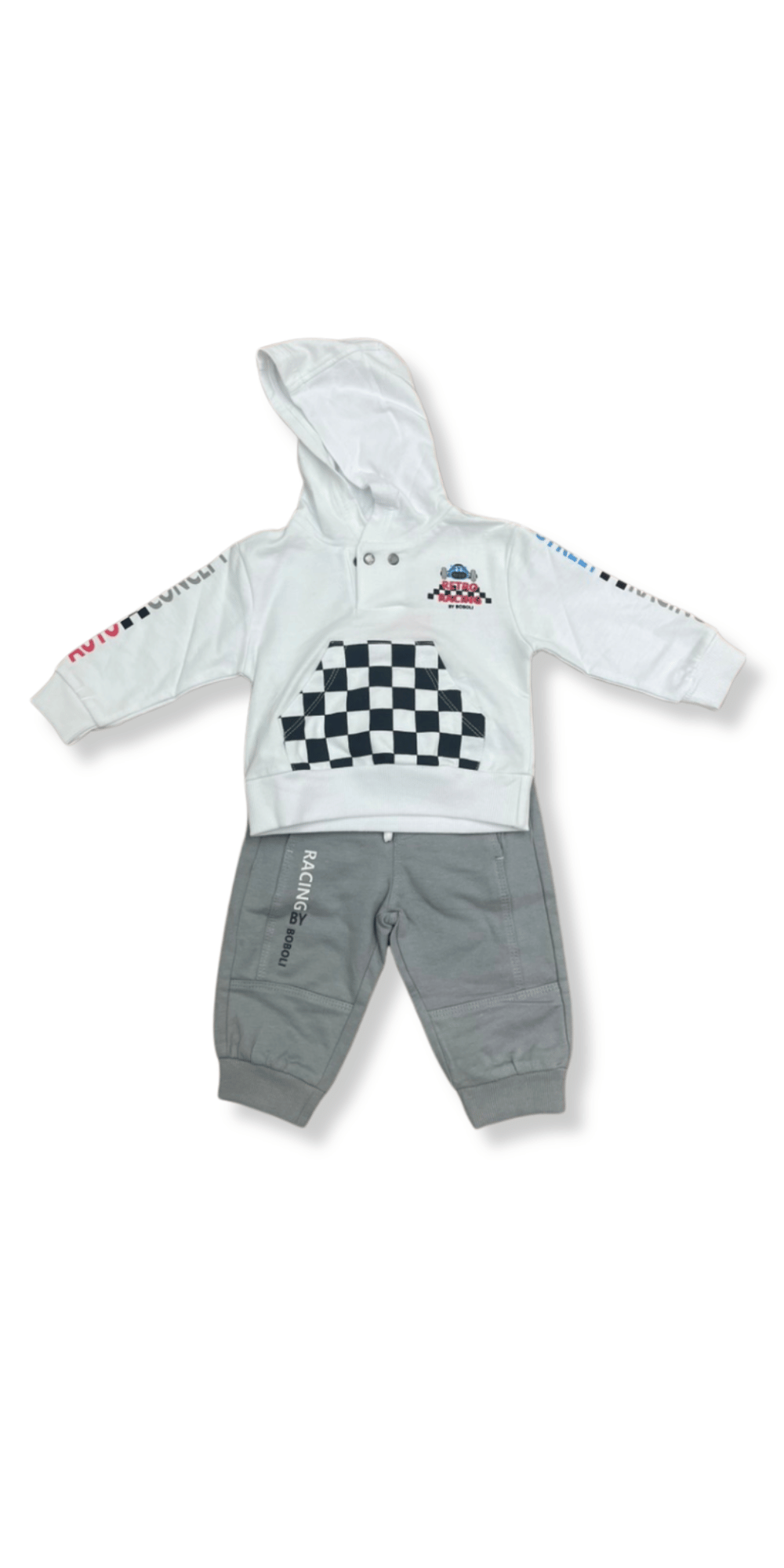 Conjunto de pants y sudadera racing para niños, con diseño de cuadros tipo bandera de carreras y detalles automovilísticos.