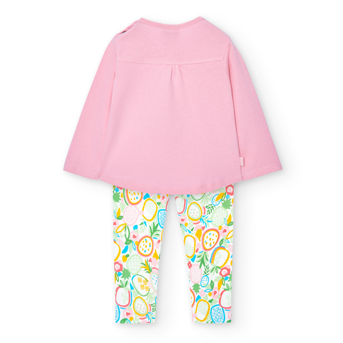 Vista trasera de conjunto infantil de Boboli con blusa rosa de manga larga y pantalón estampado de frutas. Diseño en algodón suave, ideal para comodidad y estilo.