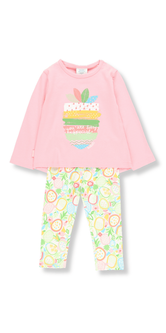 Conjunto infantil de la marca Boboli con blusa rosa de manga larga y leggings estampados con frutas tropicales. Un look cómodo y alegre para los más pequeños.