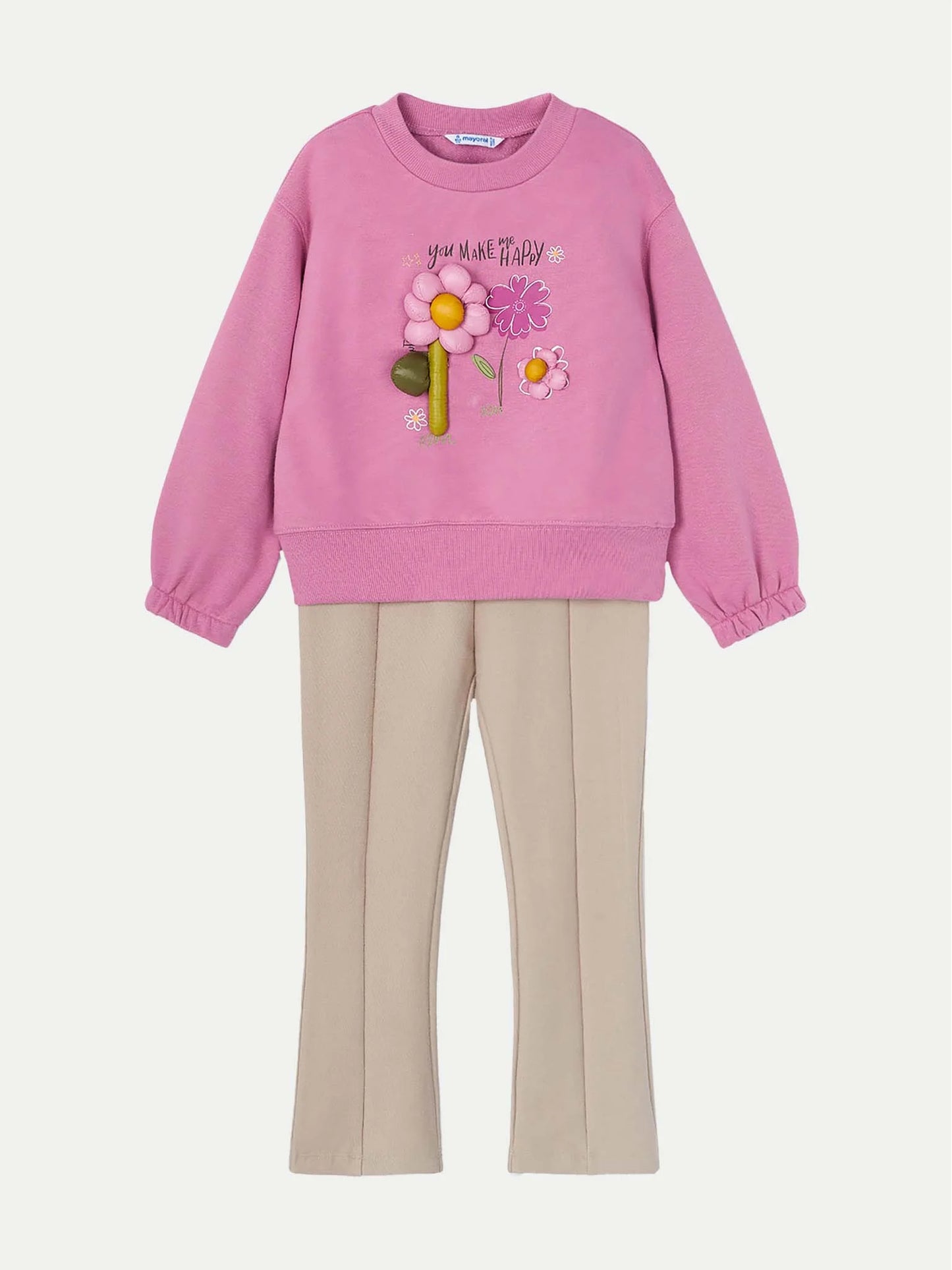 Conjunto Mayoral con sudadera rosa "You Make Me Happy" y pantalón beige para niña