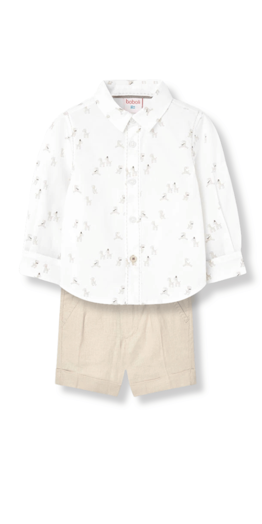 Conjunto para niño con camisa estampado de cebras y shorts de lino beige, Boboli.