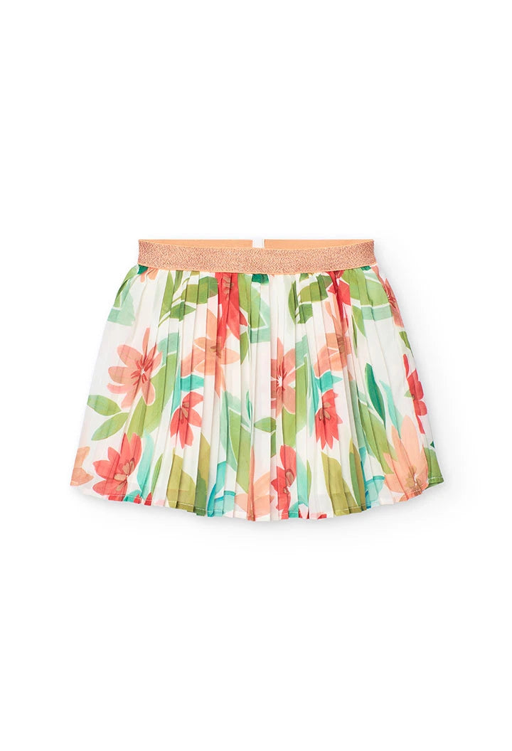 Vista frontal de falda plisada de gasa Boboli con diseño floral en tonos pastel.