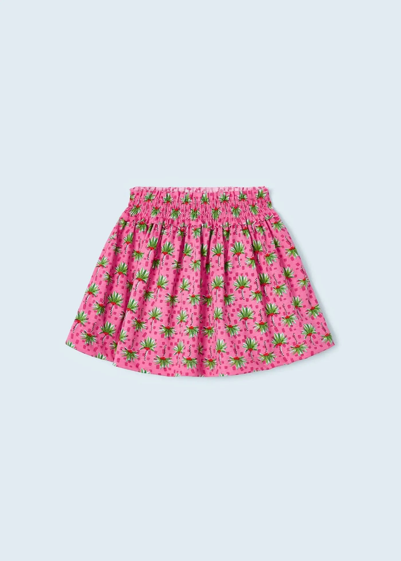 Falda rosa para niña con estampado tropical de frutas y cintura elástica fruncida. Diseño ligero y cómodo, perfecto para los días cálidos.