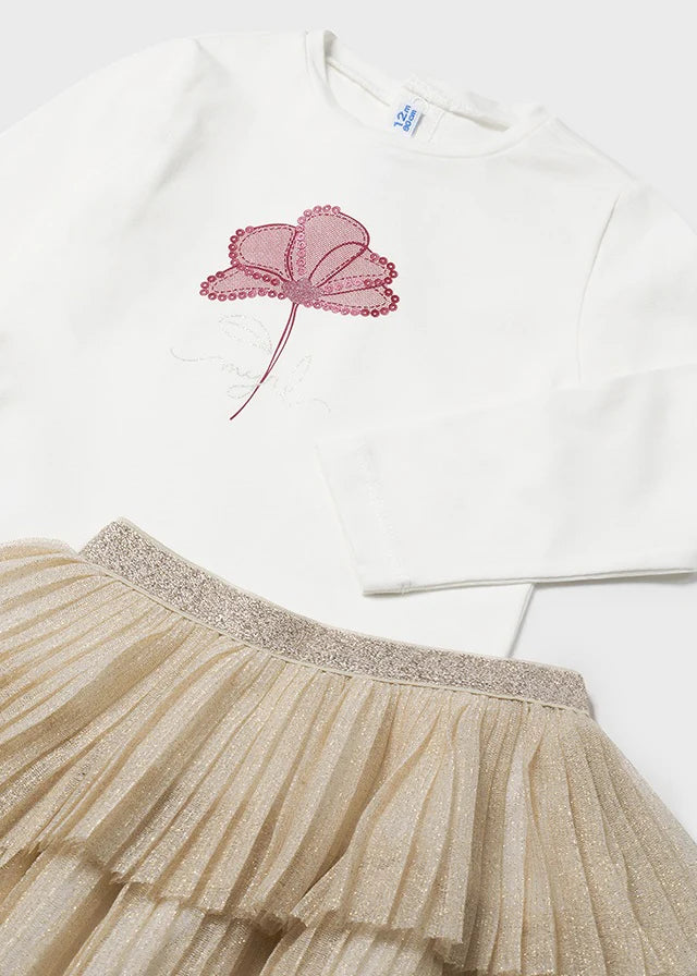 Conjunto 3 Piezas: Blusa Blanca, Falda Dorada y Cárdigan Vino - Mayoral