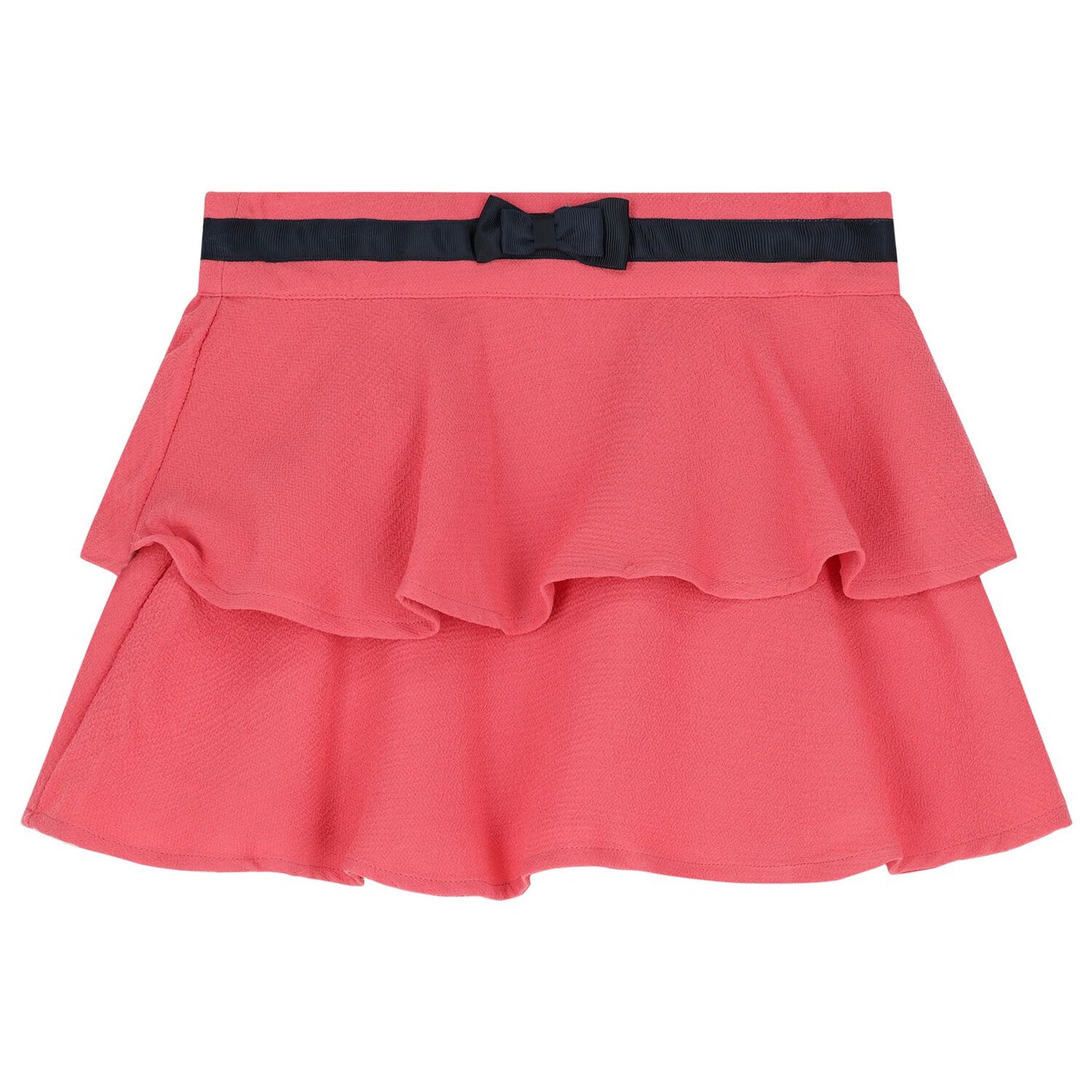 Falda rosa Boboli de Cachaboo con volantes en capas, cinturilla decorada con lazo y diseño elegante para niñas.