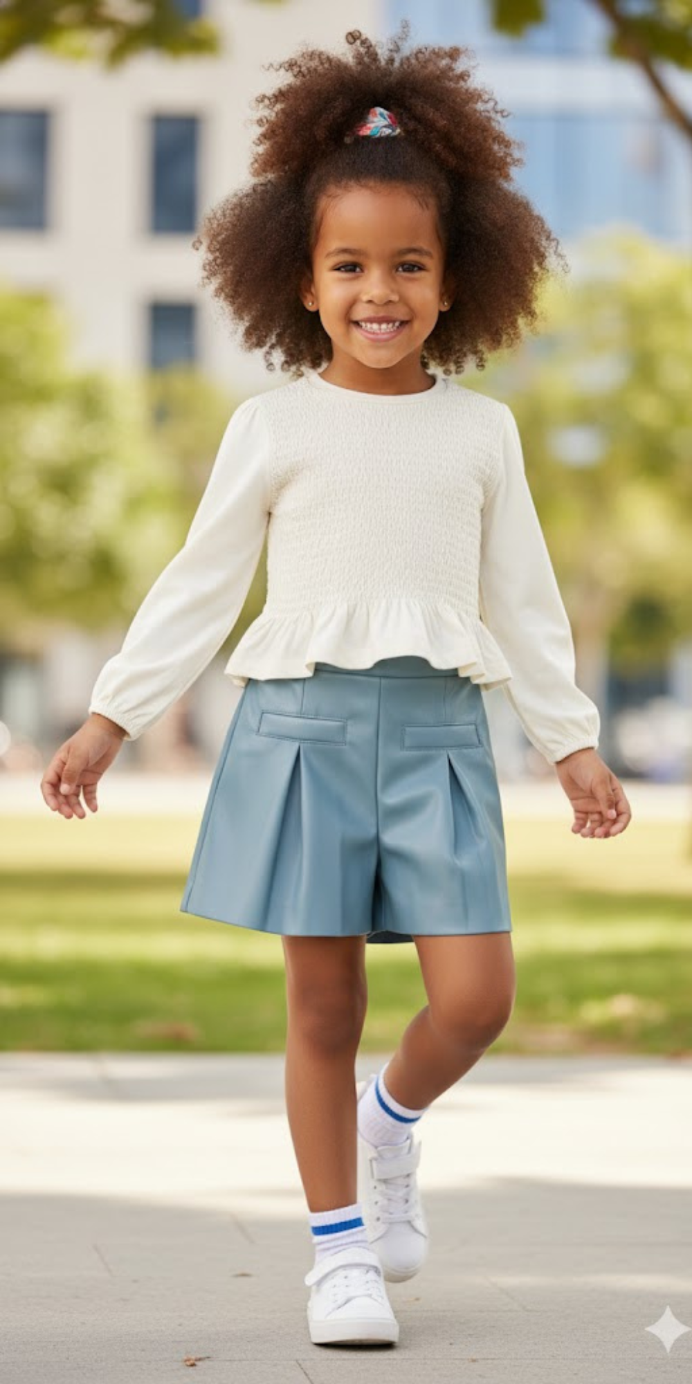 Niña con conjunto compuesto por una blusa color crudo de nido de abeja y un short de polipiel azul, marca Mayoral.