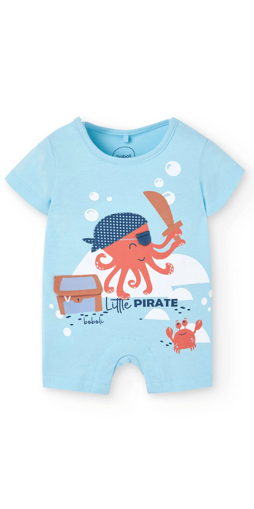 Pañalero azul de bebé con diseño de pulpo pirata y baúl del tesoro de la marca Boboli.