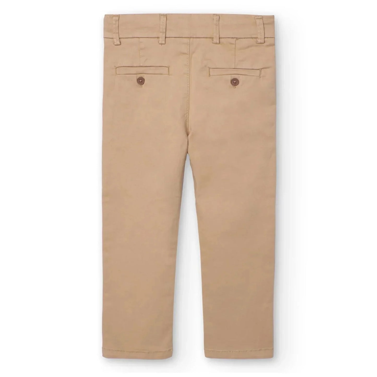 Vista trasera del pantalón beige Boboli de Cachaboo, con bolsillos con solapa y botón, trabillas para cinturón y diseño elegante.