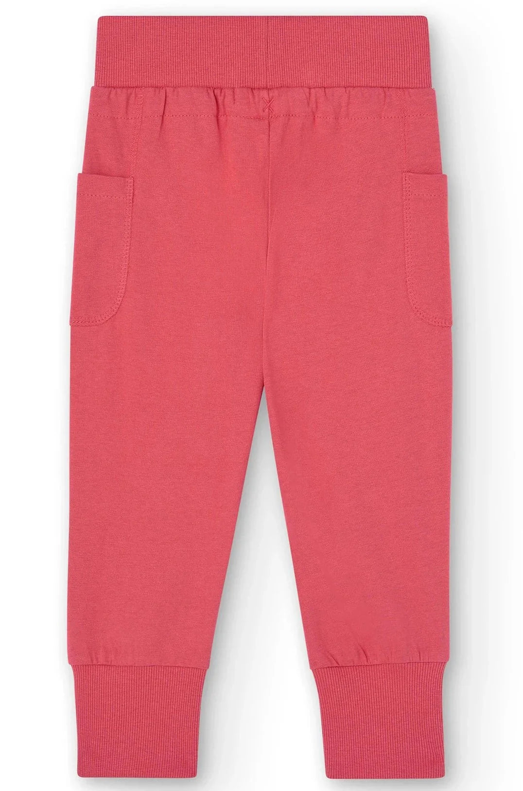 Vista trasera del pantalón jogger rosa Boboli de Cachaboo, con bolsillos laterales y cintura elástica para mayor ajuste y comodidad.