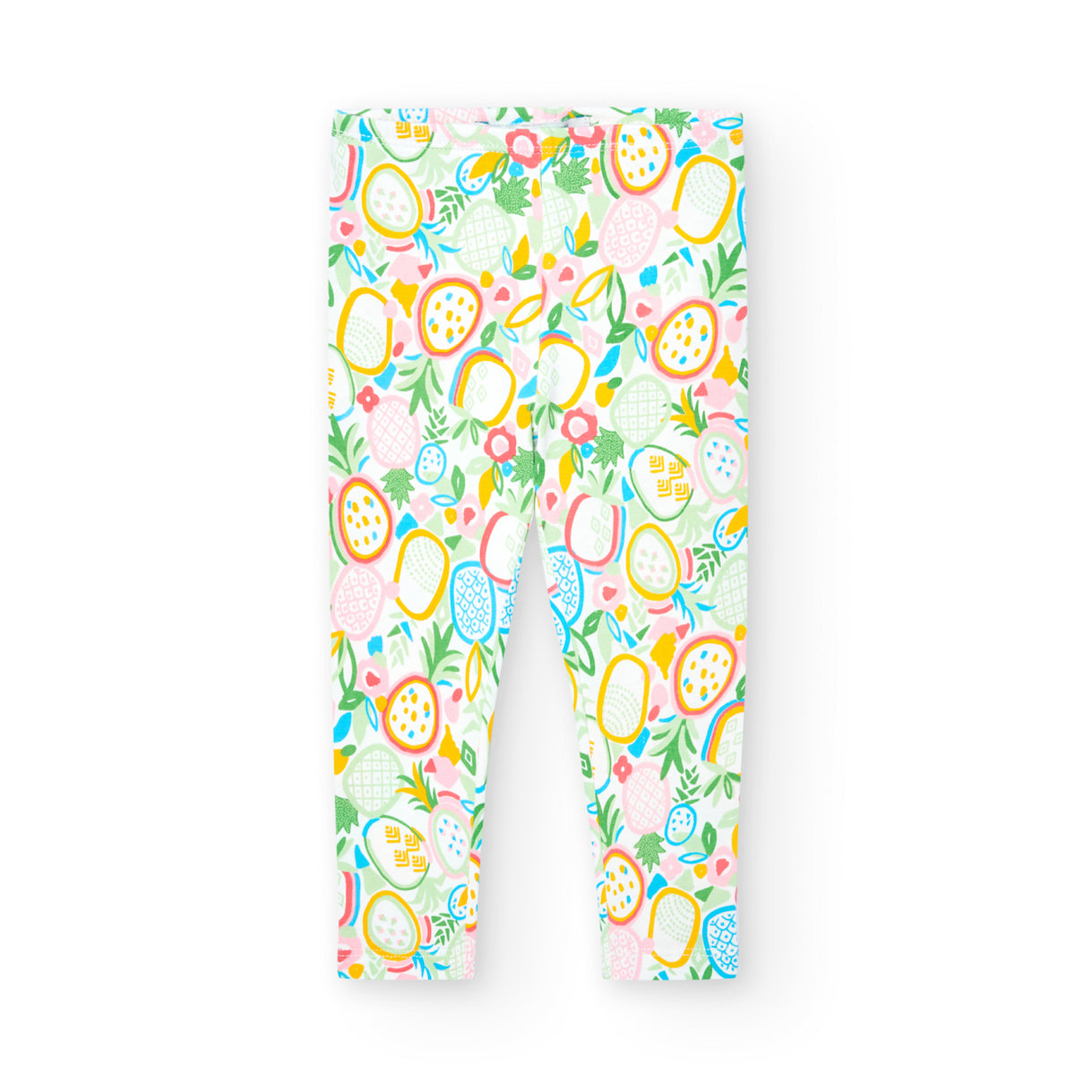 Pantalón infantil de Boboli con estampado de frutas en colores vibrantes. Diseño en algodón elástico para mayor comodidad y estilo.