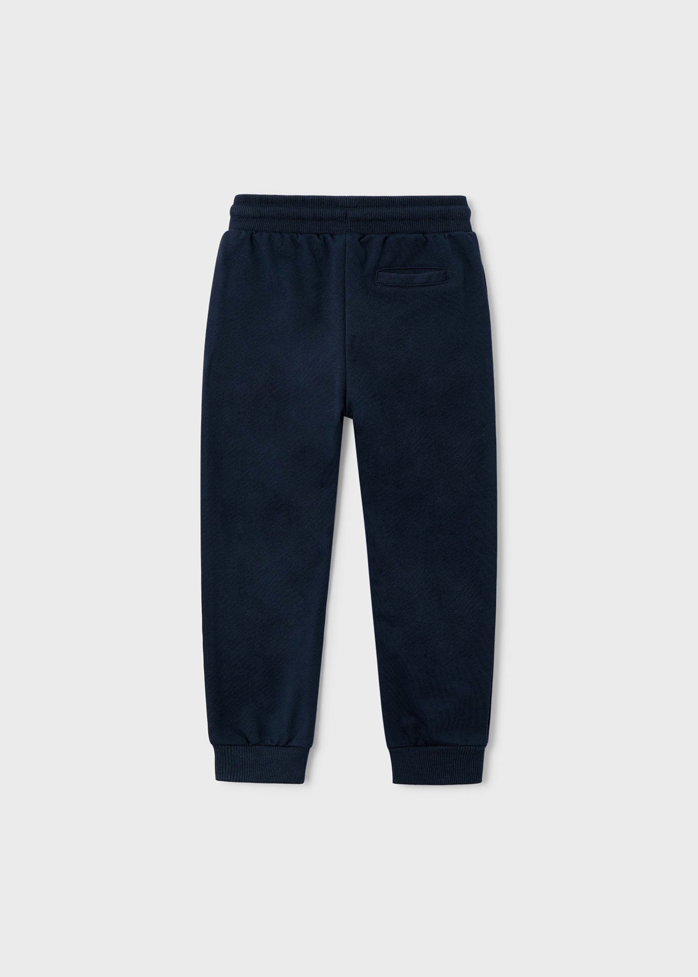 Vista trasera de un pantalón jogger de felpa color azul marino para niño.