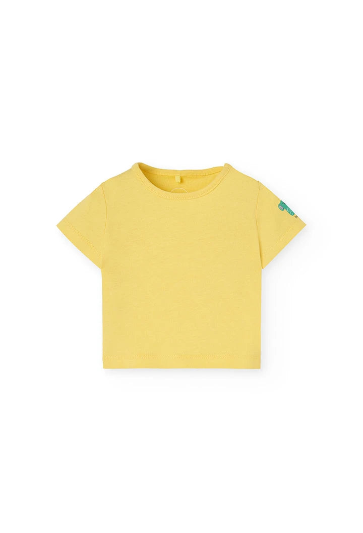 Vista frontal de la camiseta amarilla de manga corta para bebé.