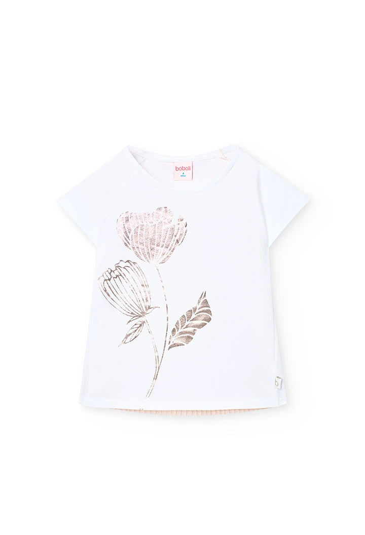 Vista frontal de playera blanca Boboli con estampado de flor dorada y corte clásico.