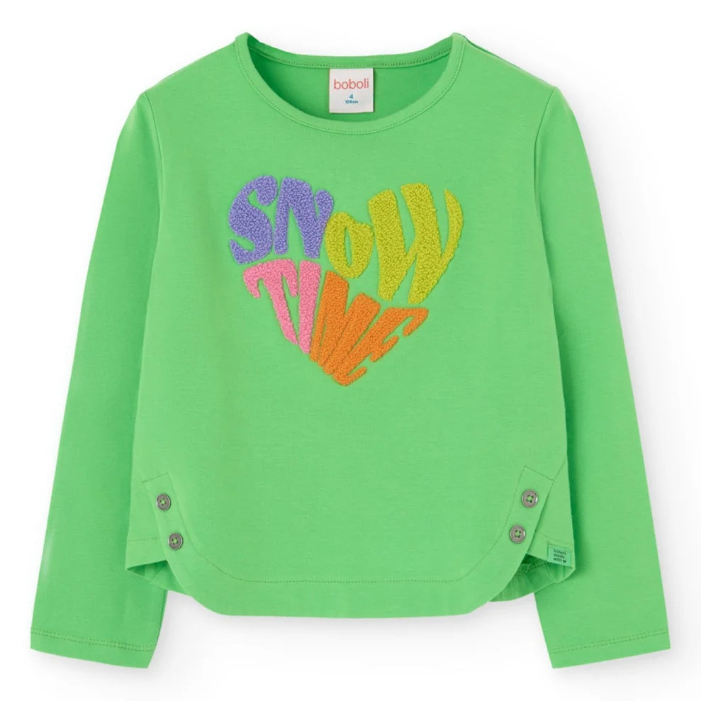 Sudadera verde infantil de Boboli con estampado en relieve “Snow Time”, manga larga y botones laterales para ajuste cómodo. Ideal para niñas con estilo.