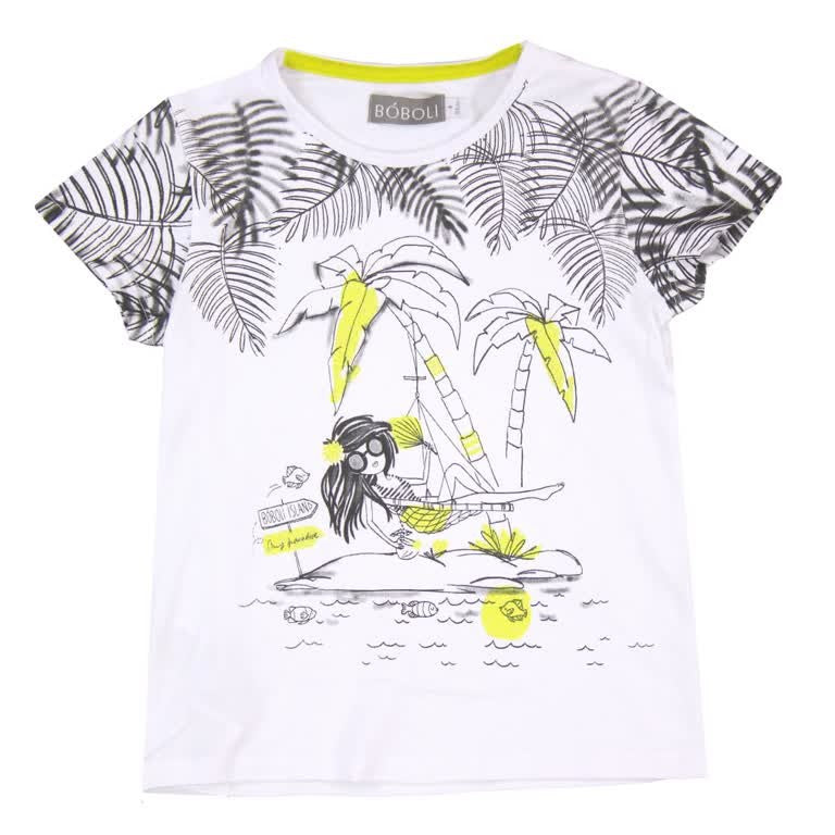 Playera blanca para niña con diseño tropical, palmeras y niña en hamaca, acentos amarillos.