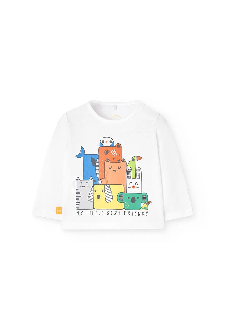 Camiseta blanca infantil de manga larga con estampado de animales y texto “My Little Best Friends”
