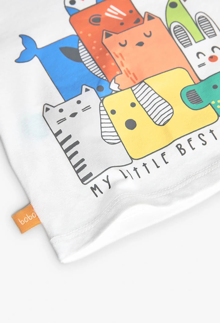 Detalle del estampado de animales con texto “My Little Best Friends” en camiseta infantil de Boboli