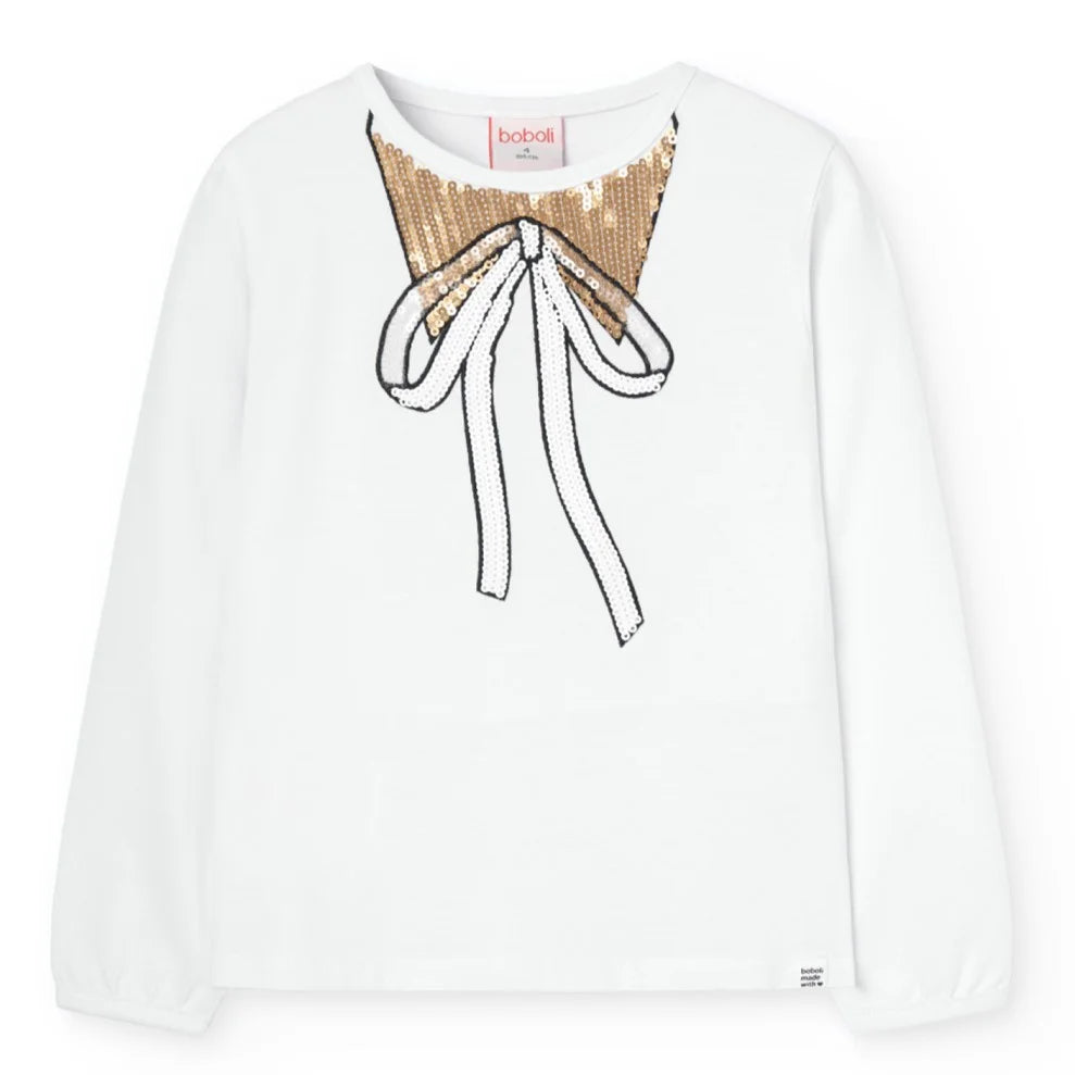 Playera blanca de manga larga para niña Boboli con moño de lentejuelas doradas en el pecho