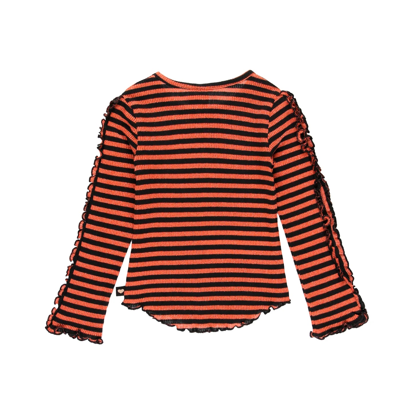 Vista trasera de la blusa a rayas naranja y negro Boboli con volantes.