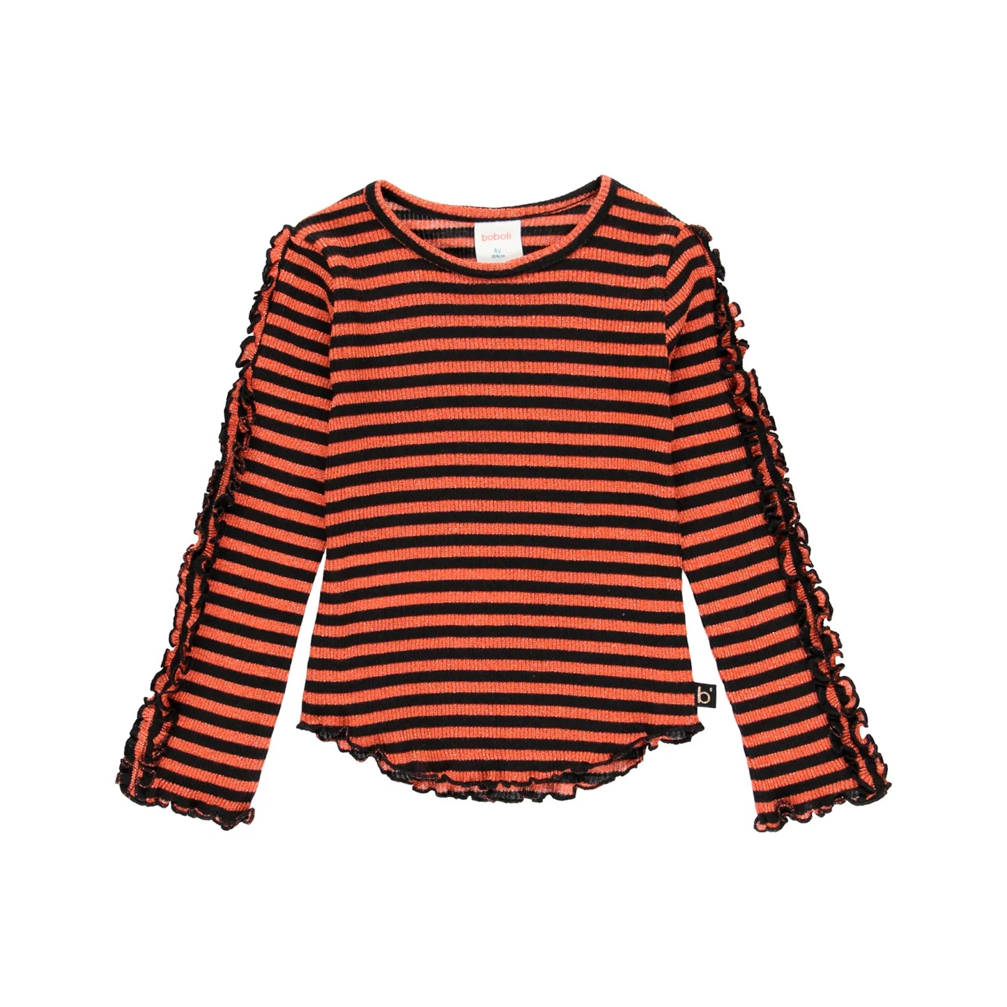 Vista frontal de la blusa a rayas para niña con volantes en mangas de la marca Boboli.