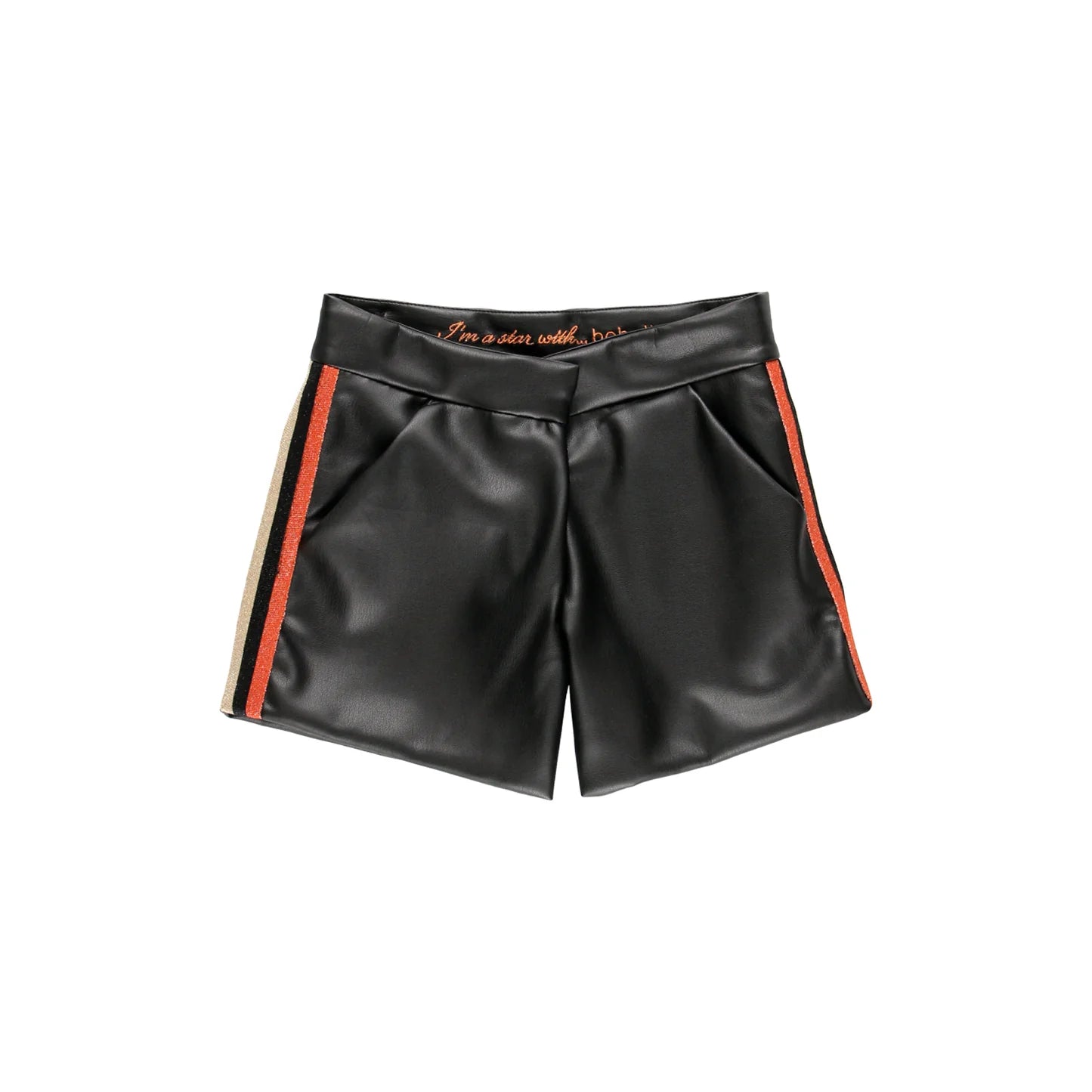Short negro efecto piel de niña Boboli con franjas laterales naranja, dorado y negro.