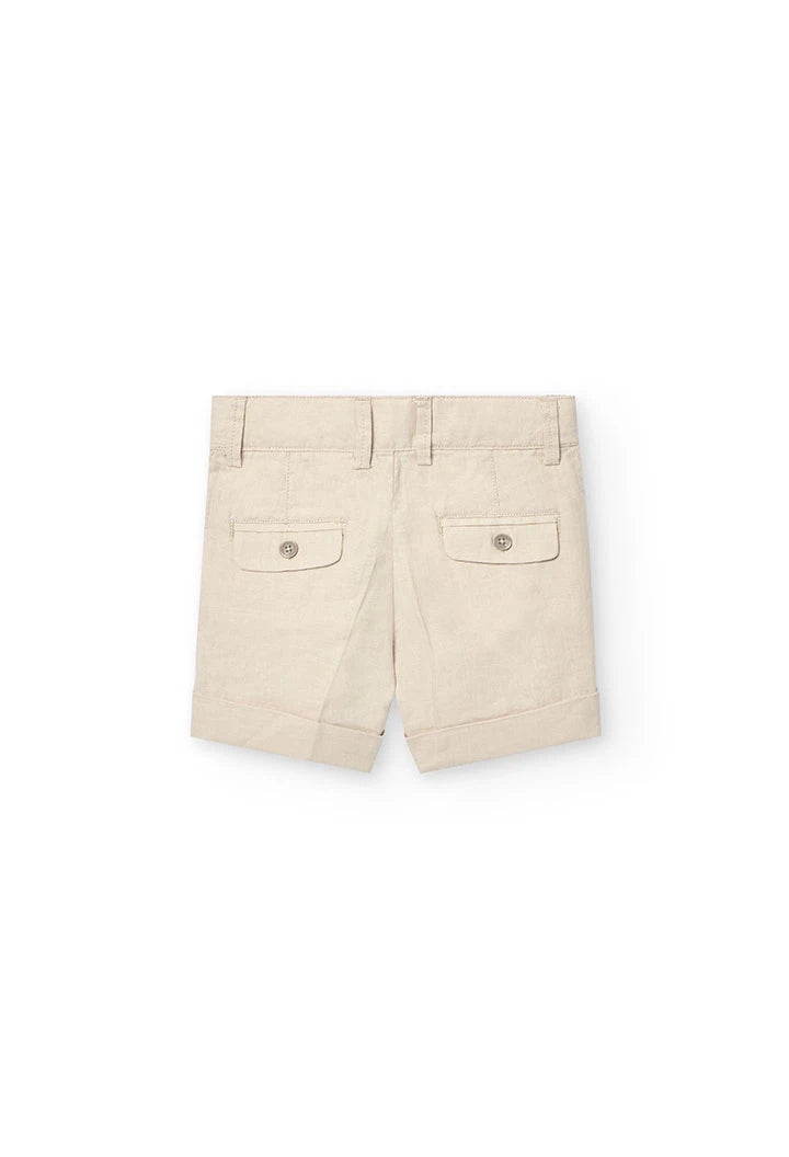 Parte trasera de shorts de lino beige para niño con bolsillos con botón, Boboli.
