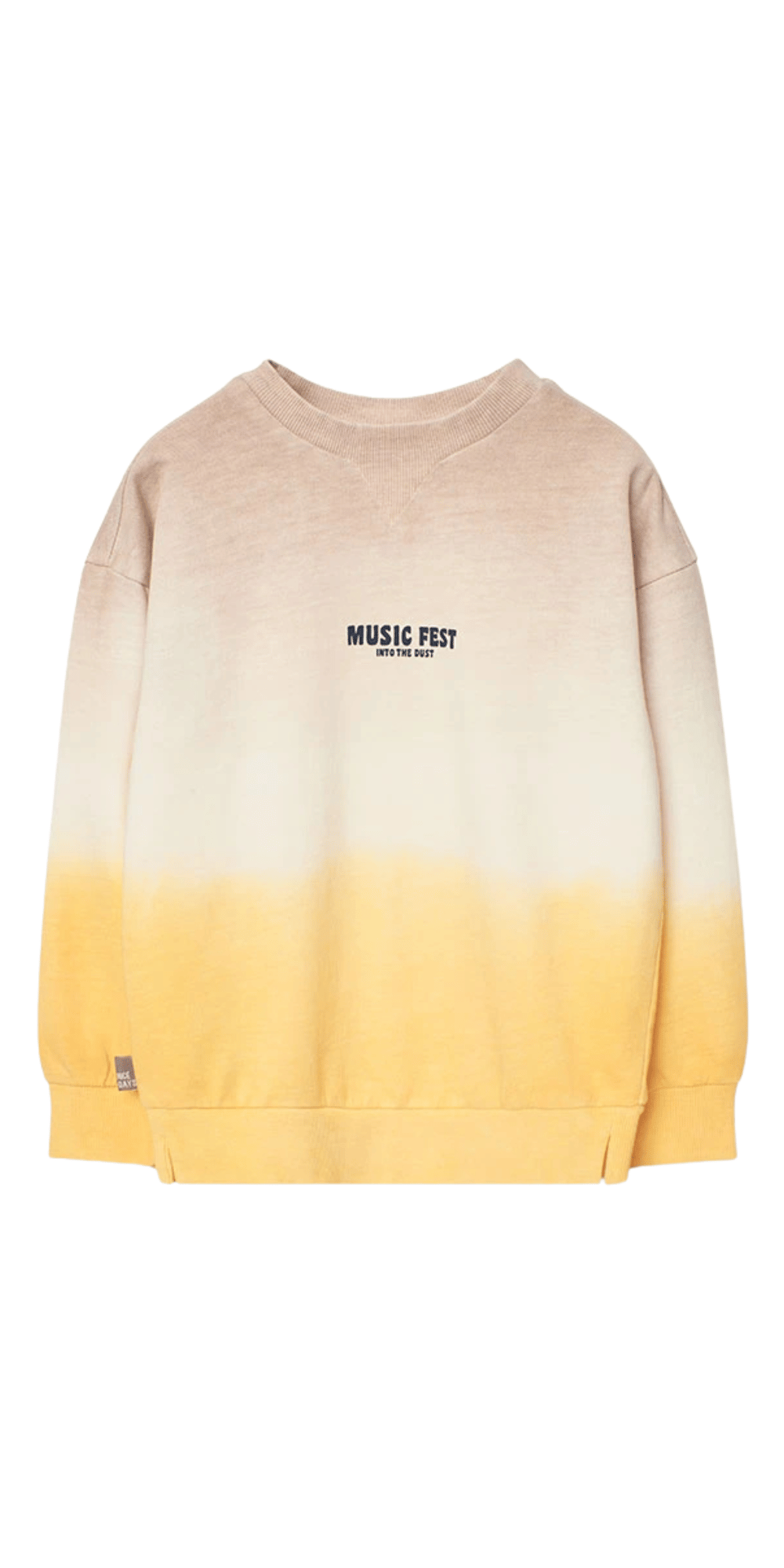 Sudadera infantil con diseño degradado en tonos beige y amarillo, con texto “Music Fest Into the Dust” en el pecho.