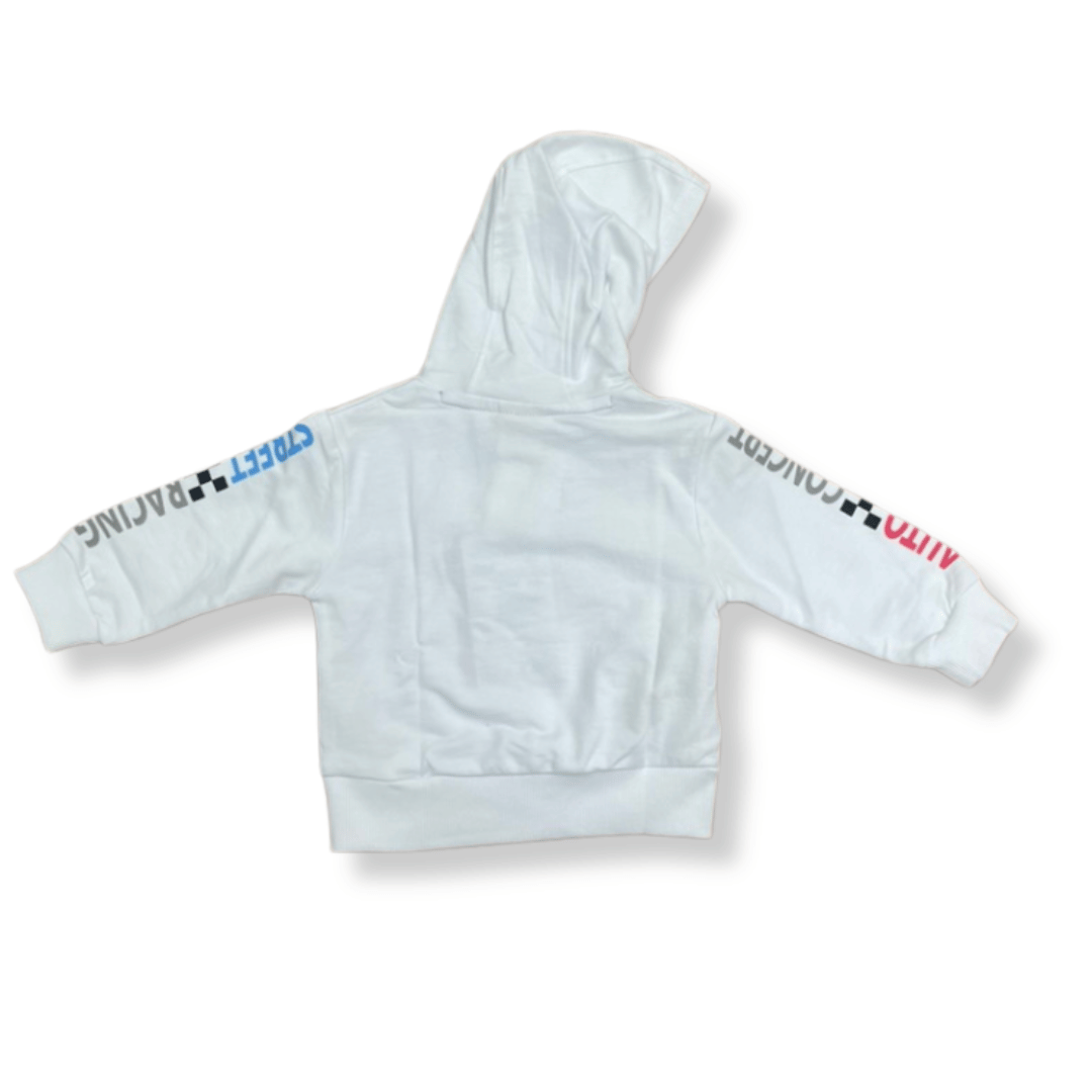 Vista trasera de la sudadera racing blanca para niños, con mangas estampadas y diseño automovilístico.