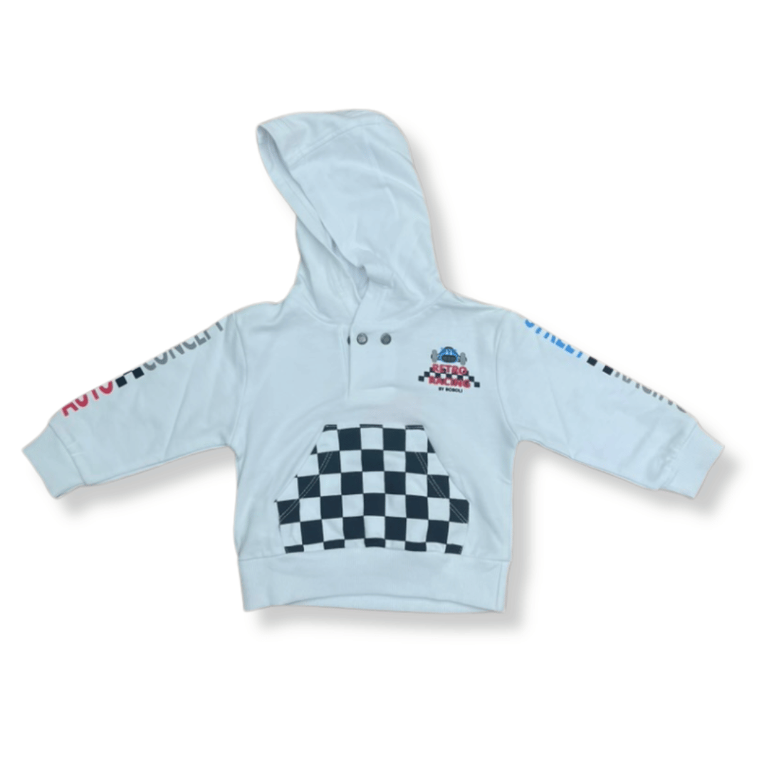 Sudadera blanca con capucha para niños, con diseño de cuadros tipo bandera de carreras y estampado “Retro Racing by Boboli”.