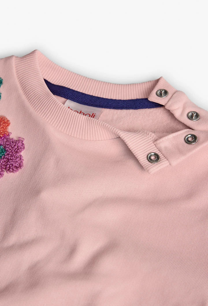 Detalle de los botones de presión en el cuello de una sudadera de felpa rosa para niña, marca Boboli.