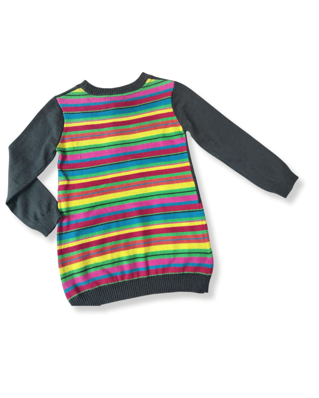 Vista trasera del vestido Boboli gris con rayas horizontales en colores vivos
