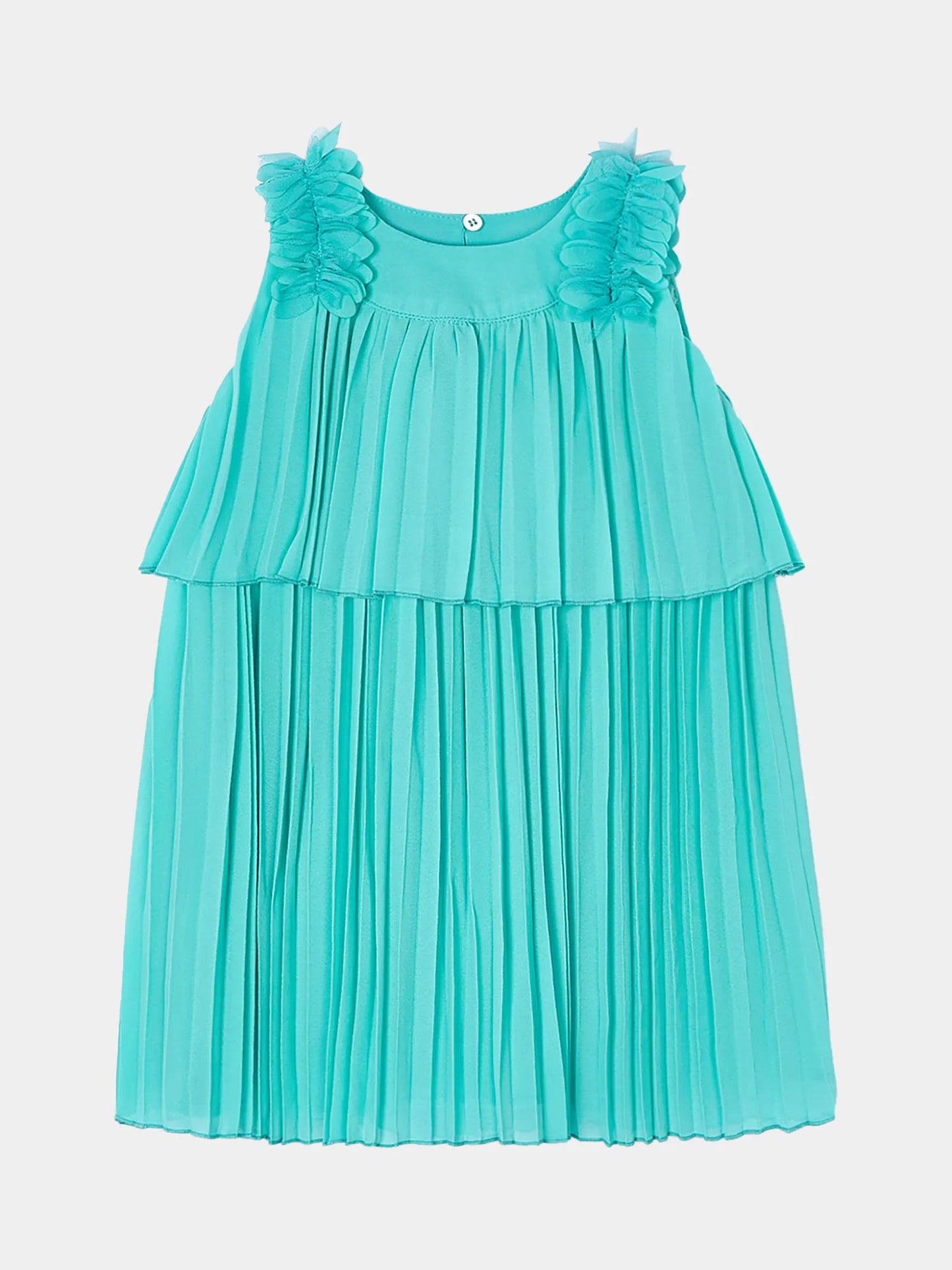 Vestido plisado en color verde turquesa con detalles florales en los hombros y cierre de botón en la parte trasera. Un diseño sofisticado y fresco ideal para eventos especiales y celebraciones.