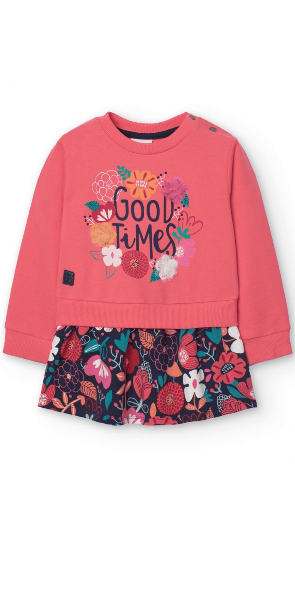 Vestido sudadera Boboli de Cachaboo en color rosa, con estampado floral, falda integrada y mensaje "Good Times" en el frente.