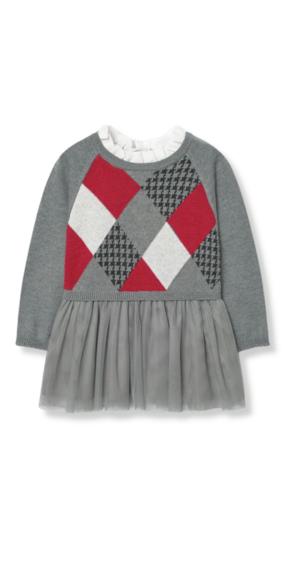 Vista frontal del vestido infantil Boboli de manga larga con diseño de rombos en el pecho y falda de tul gris.