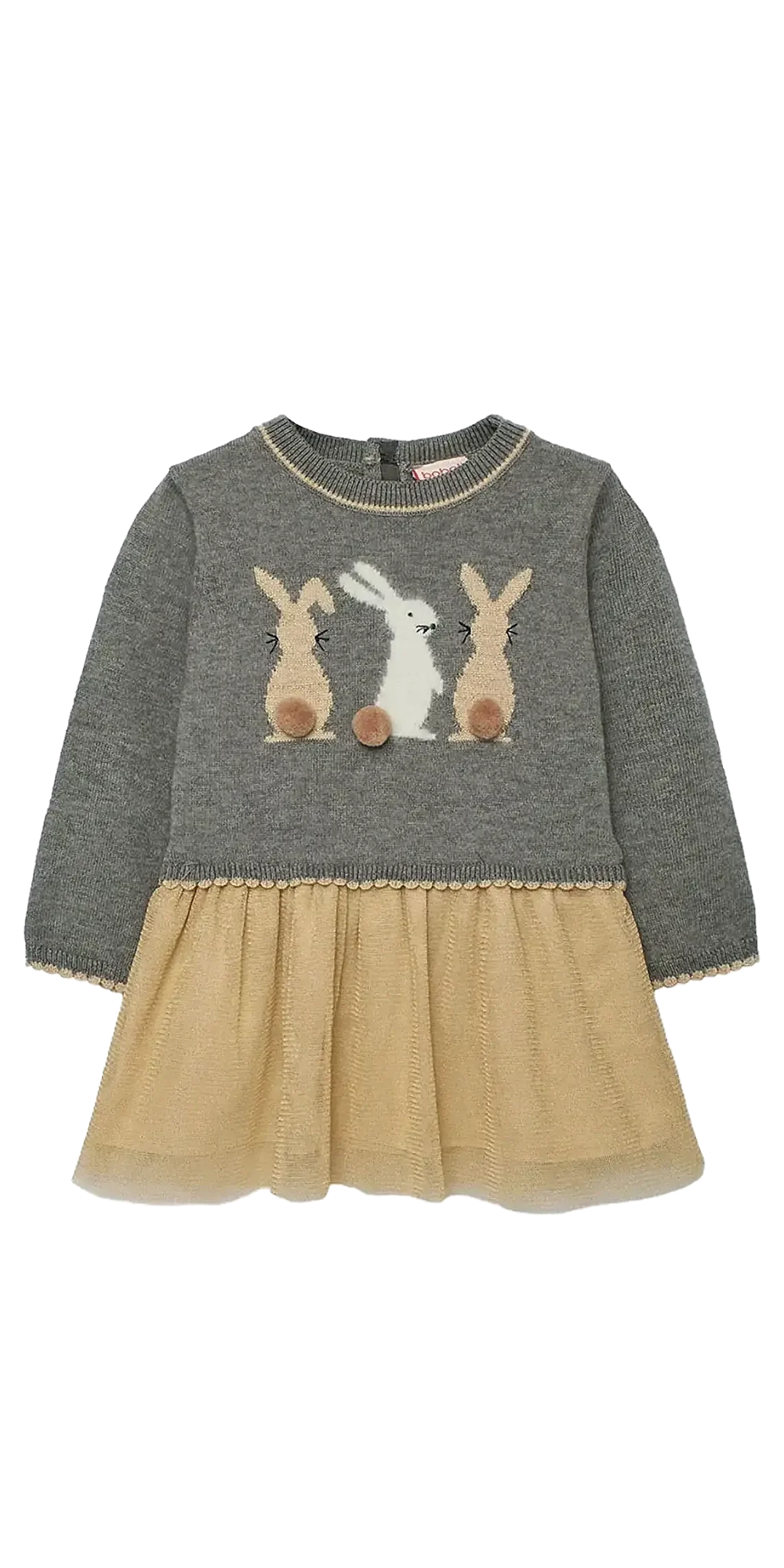 Vista frontal de un vestido para niña con suéter gris, falda de tul dorada y una aplicación de tres conejitos, marca Boboli.