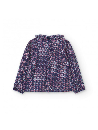 Vista trasera de la blusa estampada Boboli de Cachaboo en color azul marino, con botones alineados y cuello fruncido.