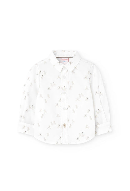 Camisa blanca para niño con estampado de cebras y detalles en tonos beige de la marca Boboli.