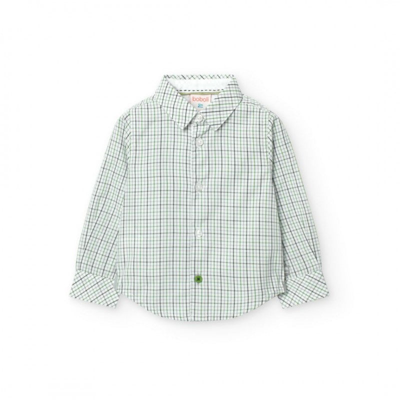 Camisa de niño de popelina a cuadros verdes y grises, vista de frente