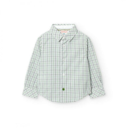 Camisa de niño de popelina a cuadros verdes y grises, vista de frente